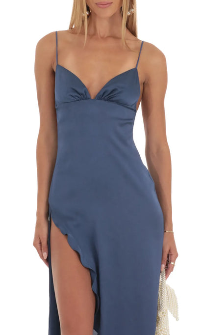 Satin Ruffle Maxi Dress in Blue